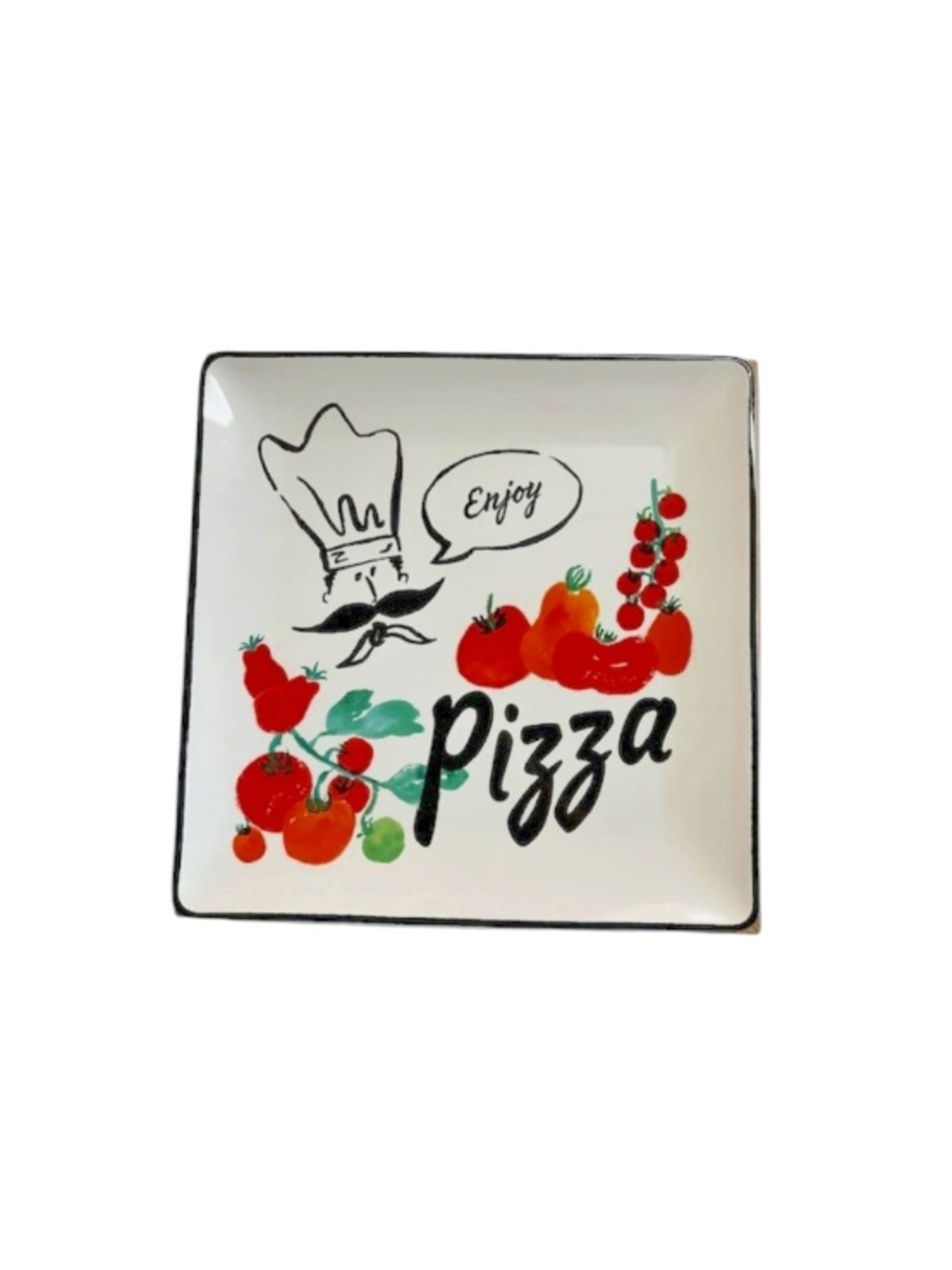 kate spade White Ceramic "Enjoy Pizza" Square Serve Plate with Red Tomato Motif